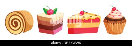 Birthday cake clipart icon set. Sweet cupcake roll and slice of cake clip art collection with chocolate, strawberry and caramel flavor for bday party Stock Vector