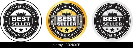 round best seller premium quality badges in black, gold and silver styles with crown and stars, simple vector labels for product certification Stock Vector