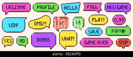 Pixel art color dialogue boxes with different text. Speech bubbles drawn in 8 bit Y2k style. Welcome, profile, hello, play, save texts. Stock Vector