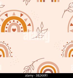 Baby seamless pattern drawn in Bohemian gender neutral colors. Colorful rainbows, beautiful twigs and random dots on a beige background. Stock Vector