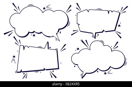 Set of four black and white speech bubbles with tiny details. Stock Vector