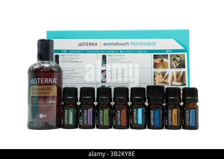 Fuji City, Shizuoka-Ken, Japan - January 13, 2024: dōTERRA Essential Oils for everyday use isolated on white background. Stock Photo