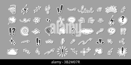 Anime Emotion effect icons. Collection of hand drawn stickers with arrows, lines, emphasis, sparkle or sunburst. Vector illustration Stock Vector