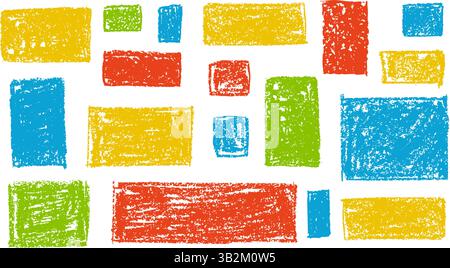 Kid doodle of rough rectangular shapes with blue, red and green pastel wax texture, resembling chalkboard or charcoal squiggle art. Grunge school Stock Vector