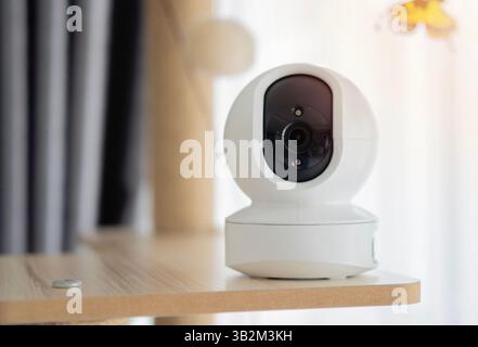 IP wireless CCTV camera indoor device control camera setting on cat tower at home. Security with pet concept. Selective focus. Stock Photo