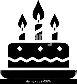This is a simple, black and white icon of a birthday cake with three candles Stock Vector