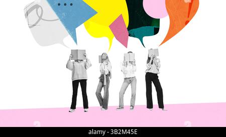 Group of teenagers reading books while colorful speech bubbles float above. Studying, group work. Contemporary art collage. Stock Photo