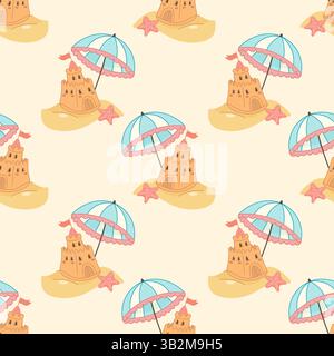 Cute vector pattern featuring sandcastles, beach umbrellas, and starfish on a sandy beach background. Perfect for summer and kids designs. Stock Vector