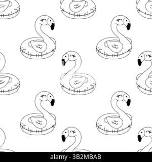 Minimalistic black and white seamless vector pattern featuring flamingo float rings. Great for coloring pages, beach, and pool party themes. Stock Vector