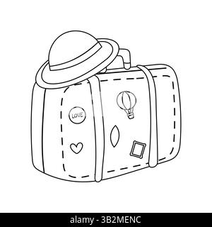 Simple black and white vector illustration of a suitcase decorated with travel stickers and a summer hat. Ideal for travel coloring projects. Stock Vector