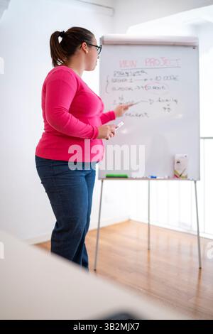 Woman Giving a Presentation Explaining Business Concepts Using a Flip Chart in a Brightly Lit Room Milan, Italy - April 24th 2025 Stock Photo