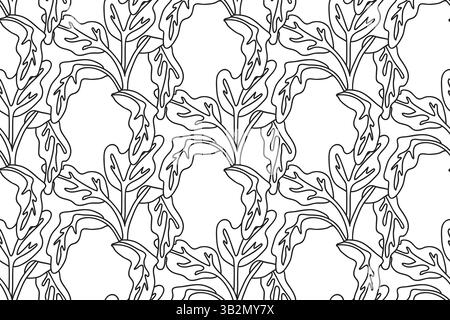 Line art floral seamless pattern with tropical leaves vector illustration. Hand drawn outline repeating foliage in white background. Graphic design fo Stock Vector