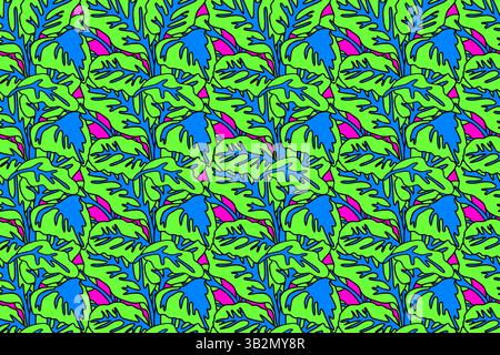 Botanical floral seamless pattern with leaves vector illustration. Colorful repeating neon green foliage in pink background. Graphic design for Fashio Stock Vector