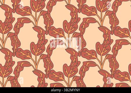 Botanical floral seamless pattern with leaves vector illustration. Colorful repeating brown foliage in beige background. Graphic design for Fashion Co Stock Vector