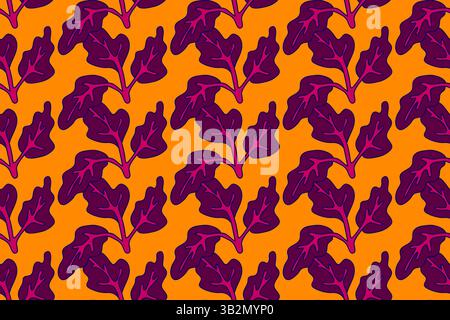 Botanical floral seamless pattern with leaves vector illustration. Colorful repeating purple foliage in orange background. Graphic design for Fashion Stock Vector