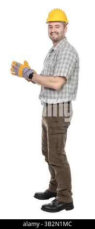 Smiling construction worker wearing gloves isolated on transparent background Stock Photo
