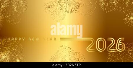 Happy New Year 2026 gold color greeting card with realistic shiny fireworks and isolated clipping mask. Metallic colour style background with golden Stock Vector