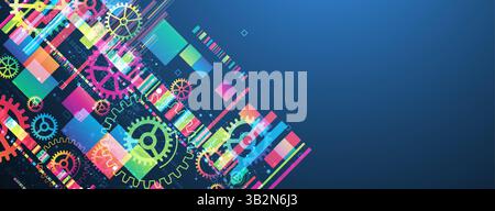 Abstract technological background with colored gears and multicolored rectangles and plexus effect. Vector Stock Vector