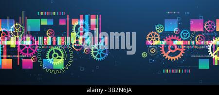 Abstract technological background with colored gears and multicolored rectangles and plexus effect. Vector Stock Vector