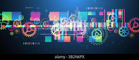 Abstract technological background with colored gears and multicolored rectangles and plexus effect. Vector Stock Vector