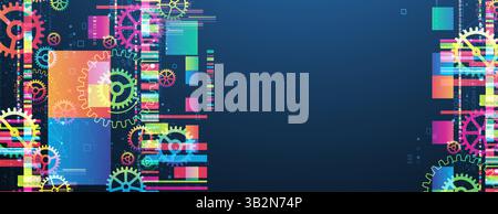 Abstract technological background with colored gears and multicolored rectangles and plexus effect. Vector Stock Vector