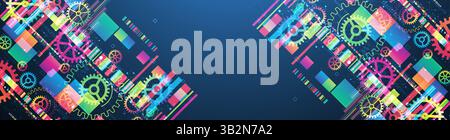 Abstract technological background with colored gears and multicolored rectangles and plexus effect. Vector Stock Vector