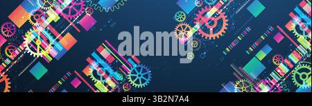 Abstract technological background with colored gears and multicolored rectangles and plexus effect. Vector Stock Vector
