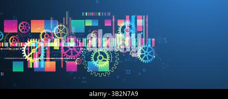 Abstract technological background with colored gears and multicolored rectangles and plexus effect. Vector Stock Vector