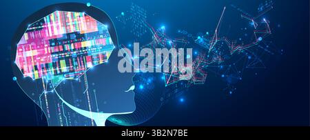 Abstract background on the theme of artificial intelligence. Brain shape with technological elements inside the contour. Vector Stock Vector