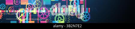 Abstract technological background with colored gears and multicolored rectangles and plexus effect. Vector Stock Vector