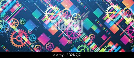 Abstract technological background with colored gears and multicolored rectangles and plexus effect. Vector Stock Vector