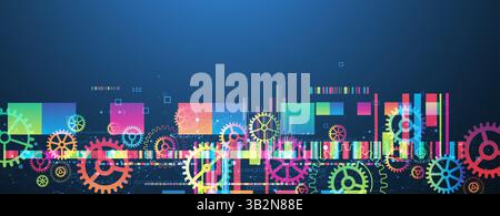 Abstract technological background with colored gears and multicolored rectangles and plexus effect. Vector Stock Vector