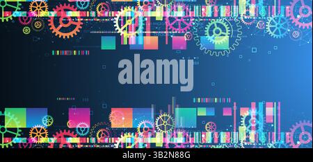Abstract technological background with colored gears and multicolored rectangles and plexus effect. Vector Stock Vector