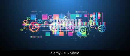 Abstract technological background with colored gears and multicolored rectangles and plexus effect. Vector Stock Vector