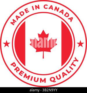 made in canada badge with red maple leaf and premium quality text Stock Vector