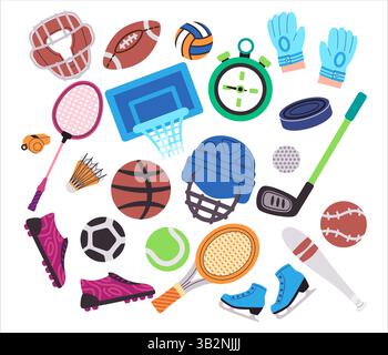 sports collection object icon set from soccer basket ball tennis golf ice skating to shoes helmet and gloves equipment colorful Stock Vector
