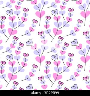 One line Heart shape Branches on Hearts shape spots Trendy lavender and pink fond Seamless Pattern. Isolated Vector illustration Wallpaper Greeting Thematic Cards Invite or web promo banner, leaflets Stock Vector