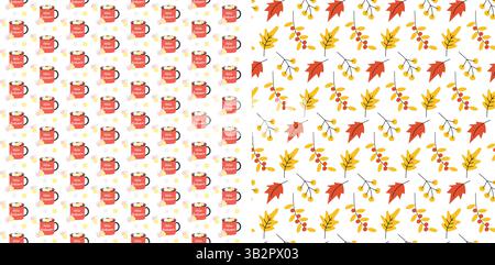 Freehand Autumn leaves and Cup with Hello Autumn text and Marshmallows cubes Seamless Patterns Set. Isolated Vector illustration Thematic Background Wallpaper Cards Posters, leaflets, web promo banner Stock Vector