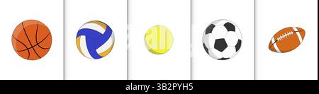 Realistic vector collection of sports balls - basketball, volleyball, tennis, soccer and American football. Artwork game playing elements isolated on Stock Vector