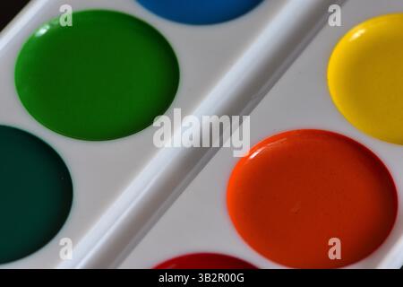 Aquarelle palette various watercolor paintings in white box color pigments for arts close up Stock Photo
