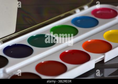 Aquarelle palette various watercolor paintings in white box color pigments for arts close up Stock Photo