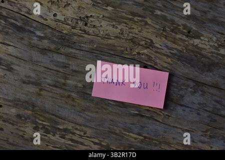 Message thanks thank you on pink sticky note day on wooden board textured background Stock Photo