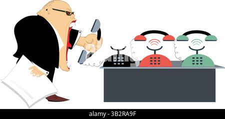Angry boss talking on telephone. Office. Ringing telephones. Angry man shouts into the phone Stock Vector
