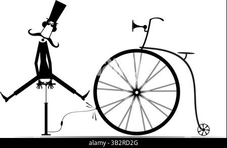 Cartoon man and a broken bicycle. Man in the top hat inflates the wheel of a retro bicycle. Cartoon man repairs bicycle Stock Vector