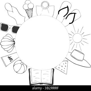 Beach essentials circle round frame template for text. Vector graphic line ink illustration For vacation poster, beach party invitation, backdrop, ad, Stock Vector