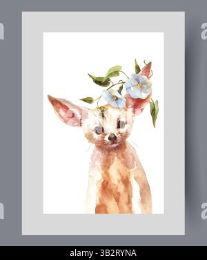 Small fennec animal with big ears or baby ladder with flowers on print. Watercolor artwork Stock Vector