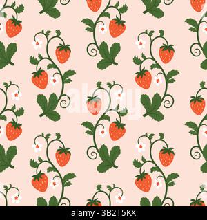 Ripe Strawberry Seamless Pattern with Branch, Berries, Flowers and Leaves on Light Pink Background. Cute Summer Fruit Design for Fabric Stock Vector