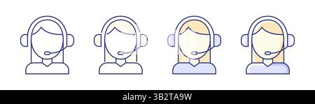 Call center worker outline and colored icons with editable stroke. Customer service operator with headset. Vector illustration Stock Vector