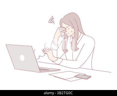 A stressed woman is struggling to resolve ongoing computer issues at her desk, illustrating modern work challenges Stock Vector