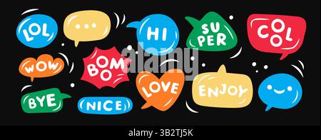 Speech bubbles words stickers. Funny text balloons, rounded chubby font, comic words, dialogue thought clouds, color talk frames, communication box Stock Vector